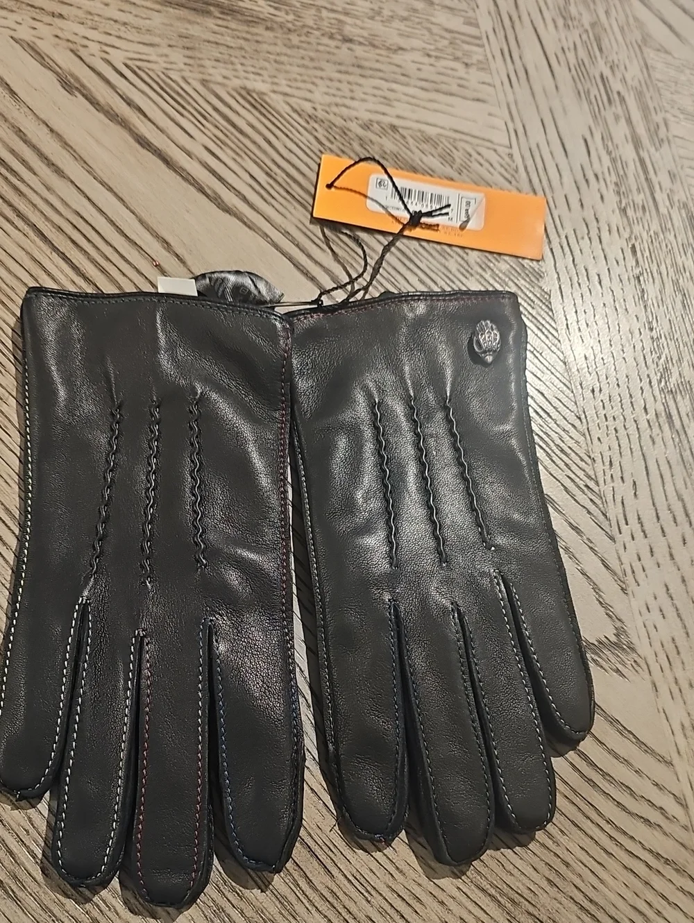 Kurt Geiger London Eagle Black Leather Gloves Rainbow Stitching NWT $98 SZ M